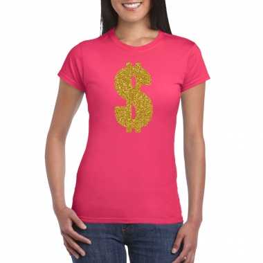 Gouden dollar / gangster verkleed t shirt / carnavalspak roze dames
