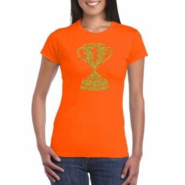 Gouden kampioens beker / nummer 1 t shirt / carnavalspak oranje dames