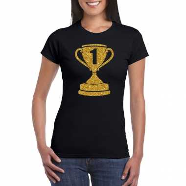 Gouden kampioens beker / nummer 1 t shirt / carnavalspak zwart dames