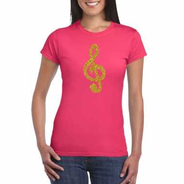 Gouden muziek noot g sleutel / muziek feest t shirt / carnavalspak roze dames