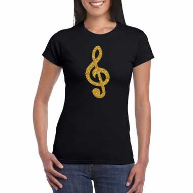 Gouden muziek noot g sleutel / muziek feest t shirt / carnavalspak zwart dames