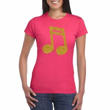 Gouden muziek noot / muziek feest t shirt / carnavalspak roze dames