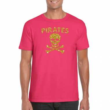 Piraten shirt / foute party verkleed carnavalspak / carnavalspak goud glitter roze heren