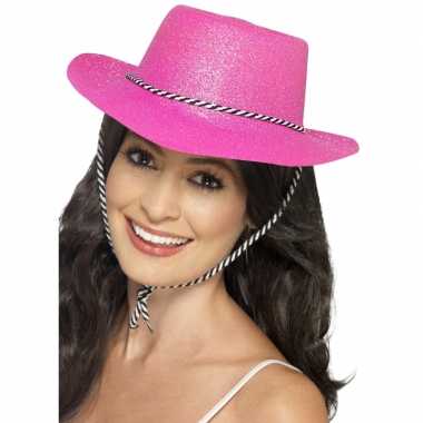 Roze glitter carnaval verkleed cowboy hoed