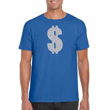 Zilveren dollar / gangster verkleed t shirt / carnavalspak blauw heren