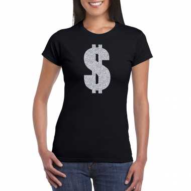 Zilveren dollar / gangster verkleed t shirt / carnavalspak zwart dames