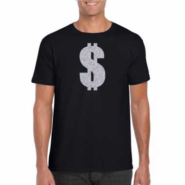 Zilveren dollar / gangster verkleed t shirt / carnavalspak zwart heren