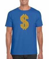 Gouden dollar gangster verkleed t-shirt carnavalspak blauw heren