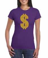 Gouden dollar gangster verkleed t-shirt carnavalspak paars dames