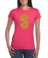 Gouden dollar gangster verkleed t-shirt carnavalspak roze dames