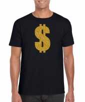 Gouden dollar gangster verkleed t-shirt carnavalspak zwart heren