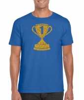Gouden kampioens beker nummer 1 t-shirt carnavalspak blauw heren