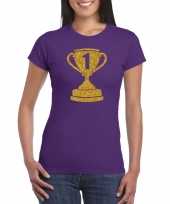 Gouden kampioens beker nummer 1 t-shirt carnavalspak paars dames