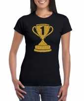 Gouden kampioens beker nummer 1 t-shirt carnavalspak zwart dames