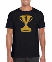 Gouden kampioens beker nummer 1 t-shirt carnavalspak zwart heren