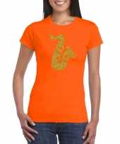Gouden saxofoon muziek t-shirt carnavalspak oranje dames