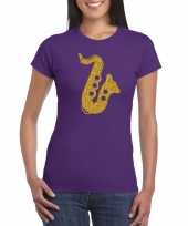 Gouden saxofoon muziek t-shirt carnavalspak paars dames