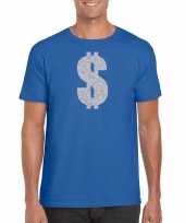Zilveren dollar gangster verkleed t-shirt carnavalspak blauw heren