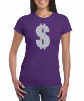 Zilveren dollar gangster verkleed t-shirt carnavalspak paars dames