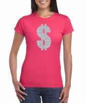 Zilveren dollar gangster verkleed t-shirt carnavalspak roze dames