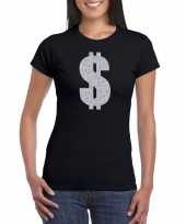 Zilveren dollar gangster verkleed t-shirt carnavalspak zwart dames