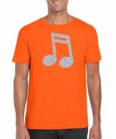 Zilveren muziek noot muziek feest t-shirt carnavalspak oranje heren