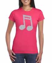 Zilveren muziek noot muziek feest t-shirt carnavalspak roze dames