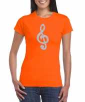Zilveren muzieknoot g sleutel muziek feest t-shirt carnavalspak oranje dames
