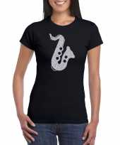 Zilveren saxofoon muziek t-shirt carnavalspak zwart dames